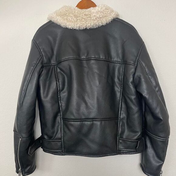 H&M Black Faux Leather Teddy Jacket Cream Shearling Lined Faux Fur Trim Sz Small - Picture 4 of 8